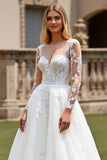 Branco Linha-A Mangas Compridas Tule Vestido de Noiva Longo com Apliques