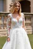 Branco Linha-A Mangas Compridas Tule Vestido de Noiva Longo com Apliques