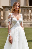 Branco Linha-A Mangas Compridas Tule Vestido de Noiva Longo com Apliques
