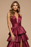 Borgonha Linha-A Decote em V Longo Cetim Long Vestido De Baile com Fenda