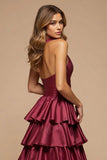 Borgonha Linha-A Decote em V Longo Cetim Long Vestido De Baile com Fenda