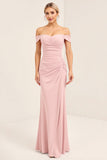 Blush Pink Ruched fora do ombro bainha vestido dama de honra