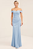 Blush Pink Ruched fora do ombro bainha vestido dama de honra
