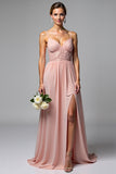 Rosa Poeirenta Alças Finas Chiffon Longo Vestidos Cerimónia com Fenda