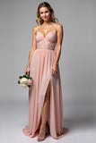 Rosa Poeirenta Alças Finas Chiffon Longo Vestidos Cerimónia com Fenda