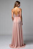 Rosa Poeirenta Alças Finas Chiffon Longo Vestidos Cerimónia com Fenda