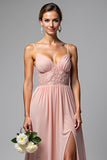 Rosa Poeirenta Alças Finas Chiffon Longo Vestidos Cerimónia com Fenda