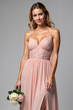 Rosa Poeirenta Alças Finas Chiffon Longo Vestidos Cerimónia com Fenda