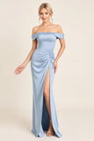 Dusty Blue fora do ombro longo vestido de dama de honra com fenda