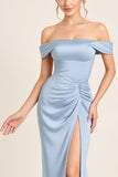 Dusty Blue fora do ombro longo vestido de dama de honra com fenda