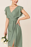 Eucalipto Wrap V-Neck Ruffle Chiffon Midi Vestido Madrinha