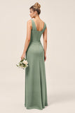 Bainha de eucalipto V-Neck Ruched Long Bridesmaid Dress com fenda