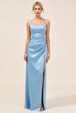 Dusty Blue Sheath Espaghetti Correias Ruched Long Vestido de Dama de Honra com Fenda