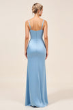 Dusty Blue Sheath Espaghetti Correias Ruched Long Vestido de Dama de Honra com Fenda