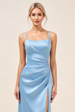Dusty Blue Sheath Espaghetti Correias Ruched Long Vestido de Dama de Honra com Fenda