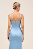 Dusty Blue Sheath Espaghetti Correias Ruched Long Vestido de Dama de Honra com Fenda