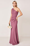 Vintage Mauve Bainha Um Ombro Ruched Long Bridesmaid Dress