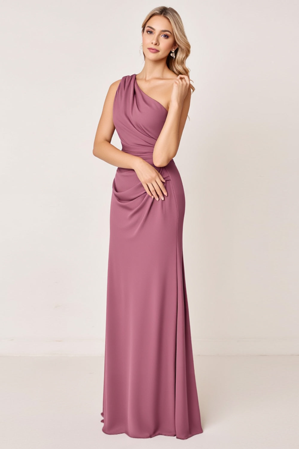 Vestidos Para Casamento Convidada Vintage Mauve Bainha Longo Um Ombro Ruched