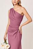 Vestidos Para Casamento Convidada Vintage Mauve Bainha Longo Um Ombro Ruched
