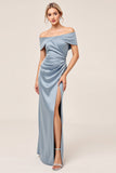 Vestidos Para Casamento Convidada Bainha Azul Cinzento Cetim Longo
