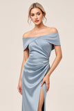Vestidos Para Casamento Convidada Bainha Azul Cinzento Cetim Longo