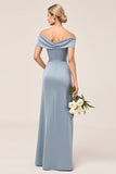 Vestidos Para Casamento Convidada Bainha Azul Cinzento Cetim Longo