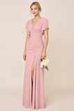 Vestidos Para Casamento Convidada  com Fenda Longo Rosa Doce Bainha