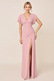 Vestidos Para Casamento Convidada  com Fenda Longo Rosa Doce Bainha