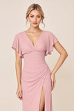 Vestidos Para Casamento Convidada  com Fenda Longo Rosa Doce Bainha