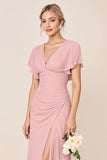 Vestidos Para Casamento Convidada  com Fenda Longo Rosa Doce Bainha