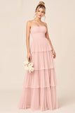 Candy Pink Strapless Tiered babado vestido longo dama de honra