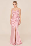 Blush Rosa Cetim Esparguete Correias Long Brideamaid Vestido com Fenda