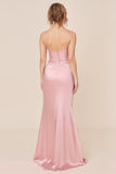 Blush Rosa Cetim Esparguete Correias Long Brideamaid Vestido com Fenda