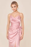 Blush Rosa Cetim Esparguete Correias Long Brideamaid Vestido com Fenda