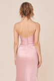 Blush Rosa Cetim Esparguete Correias Long Brideamaid Vestido com Fenda