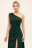 Pine Ruched um ombro longo vestido de dama de honra com fenda