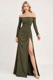 Olive Ruched fora do ombro vestido de dama de honra longa com mangas compridas