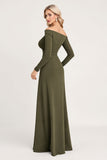 Olive Ruched fora do ombro vestido de dama de honra longa com mangas compridas