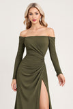 Olive Ruched fora do ombro vestido de dama de honra longa com mangas compridas