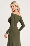 Olive Ruched fora do ombro vestido de dama de honra longa com mangas compridas