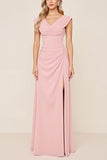 Vestidos Para Casamento Convidada com Fenda Rosa Doce Longo Bainha