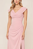 Vestidos Para Casamento Convidada com Fenda Rosa Doce Longo Bainha