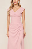 Vestidos Para Casamento Convidada com Fenda Rosa Doce Longo Bainha