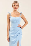 Vestidos Para Casamento Convidada com Fenda Azul Céu Bainha Longo Ruched Chiffon