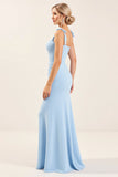 Vestidos Para Casamento Convidada com Fenda Azul Céu Bainha Longo Ruched Chiffon