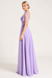 Vestidos Para Casamento Convidada com Fenda Chiffon Lilás Linha-A Longo Alças Finas