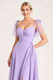 Vestidos Para Casamento Convidada com Fenda Chiffon Lilás Linha-A Longo Alças Finas