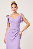 Vestidos Para Casamento Convidada com Fenda Lilás Chiffon Ruched Decote em V Longo
