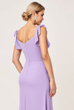 Vestidos Para Casamento Convidada com Fenda Lilás Chiffon Ruched Decote em V Longo