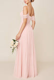 Vestidos Para Casamento Convidada Corar RosaLinha-A Ombro Frio Tule Longo